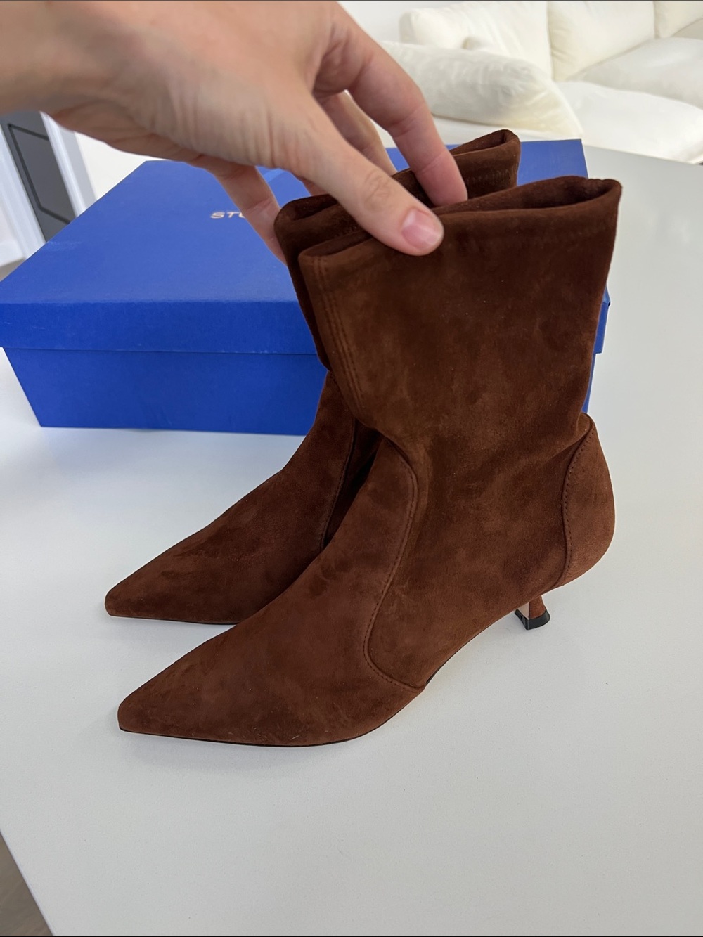 Stuart Weitzman naomi 50 deep coffee brown suede pointed toe booties ankle boots
